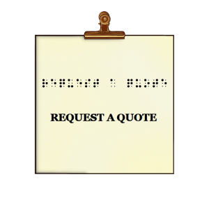 An illustration of a golden clip inside a white and yellow square shape with the words “ Request a Quote” in Braille and print