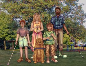 A blind family standing in front of a large tree and some smaller ones. From left to right, there is a girl, a woman and a man. All have a white cane. There is also a guide dog.